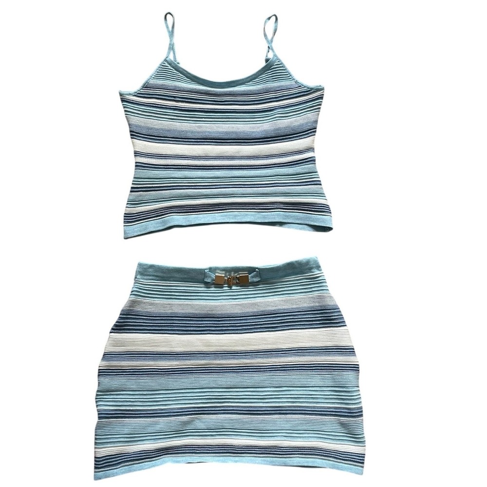 Boutique Blue Striped Ribbed Knit 2 Piece Set Cami Crop Top and Mini Skirt Small